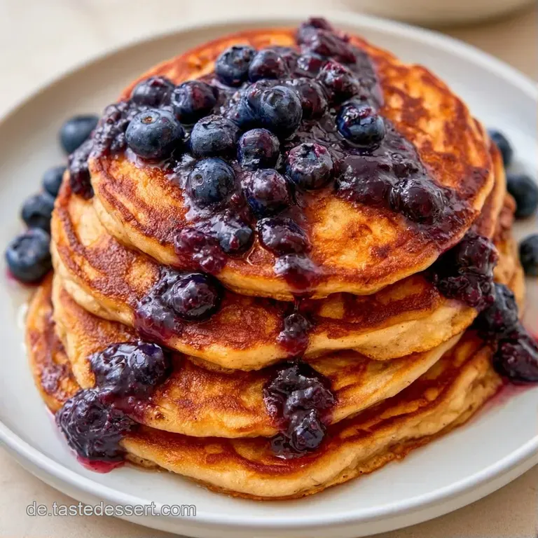 Luftige, gelbliche Pfannkuchen-T&uuml;rmchen, garniert mit tiefblauer Fruchtgr&uuml;tze und einem gr&uuml;nen Minzblatt auf Keramik.