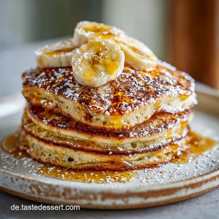 Stack of soft banana pancakes drizzled with maple syrup, garnished with fresh banana slices and blueberries. Inviting and ...