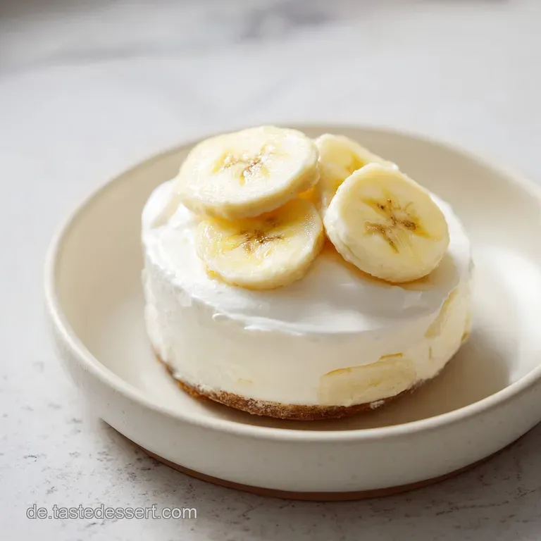 Cremige Schichten in einer Glasform, garniert mit frischen Bananenscheiben und einem Hauch von dunklem Kakao.
