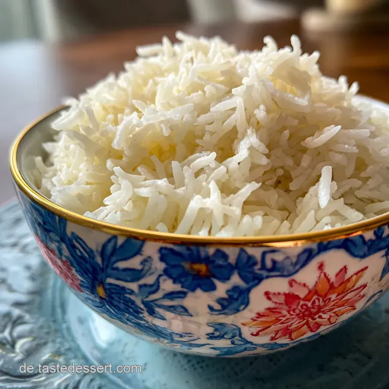 Perfectly portioned basmati rice, light and airy, rests on a white plate. Glistening grains offer a subtle visual appeal.