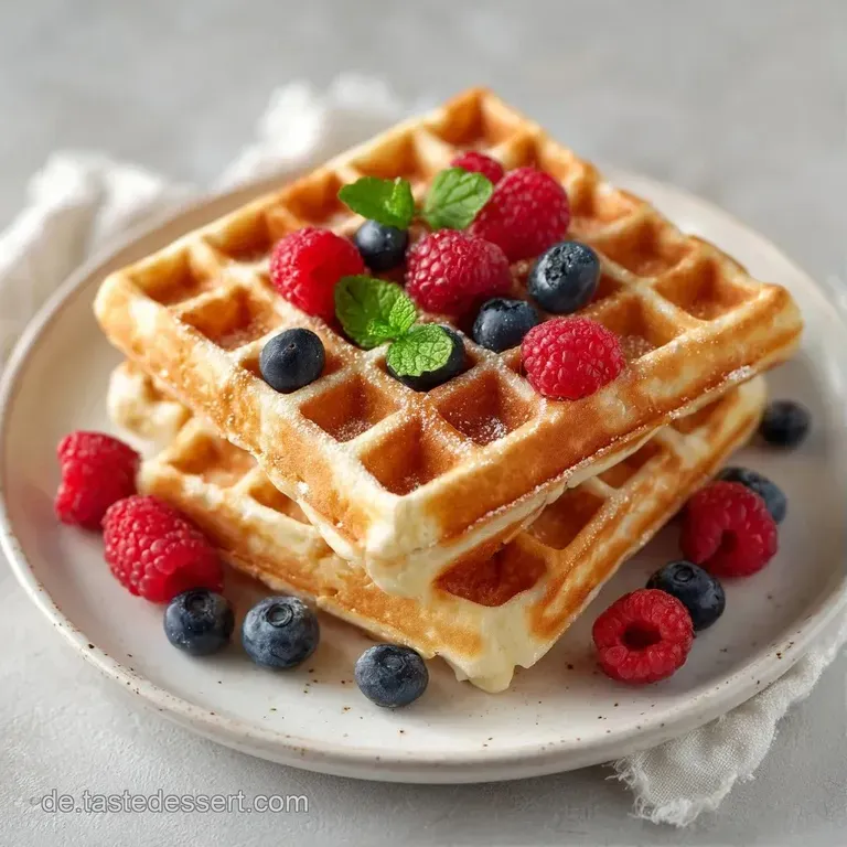 Stapel goldgelber Waffeln auf wei&szlig;em Porzellan, garniert mit frischen roten Beeren und gl&auml;nzendem, fl&uuml;ssigem Honig.