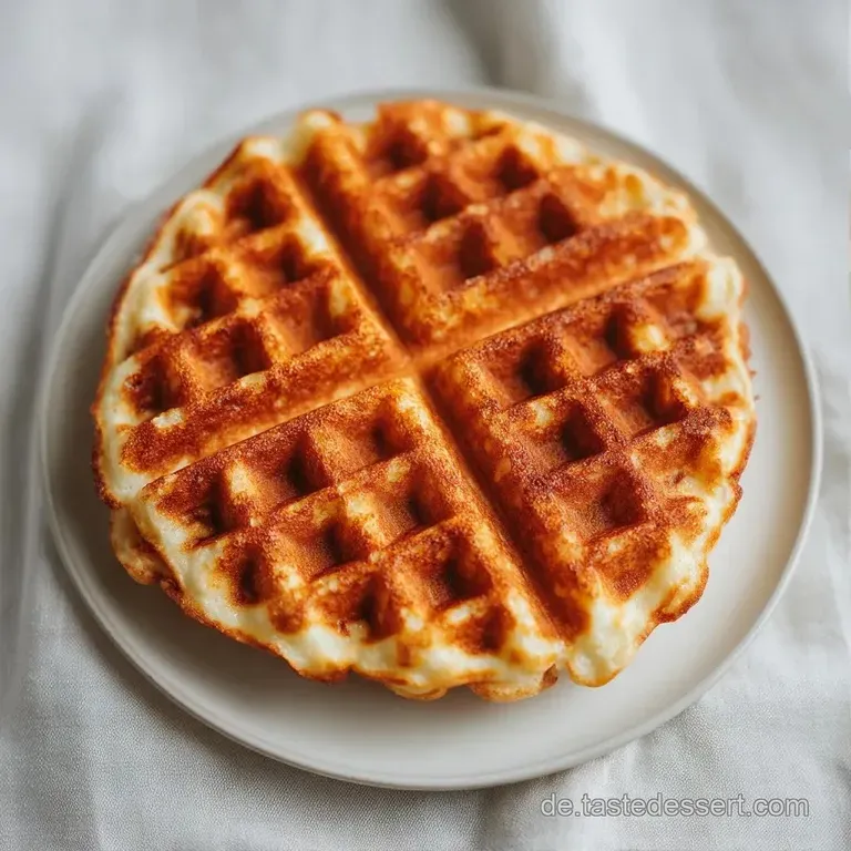 Ein Stapel fluffiger, goldgelber Waffeln auf einer wei&szlig;en Platte, garniert mit gl&auml;nzenden Blaubeeren und Ahornsirup.