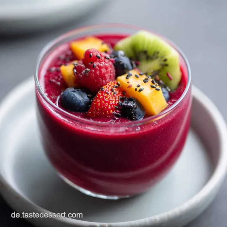 Tall glass filled with a layered smoothie, showcasing swirls of deep red, orange, and creamy white. Garnished with fresh f...