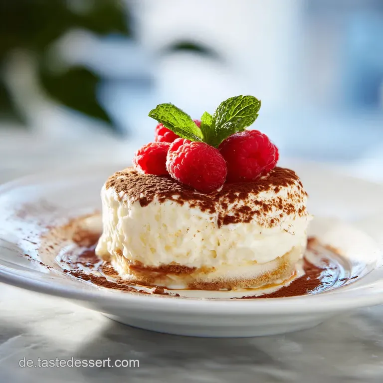 Elegant Bienenstich tiramisu slice. Whipped cream swirls, almond brittle, and cocoa powder dust adorn the creamy layered d...