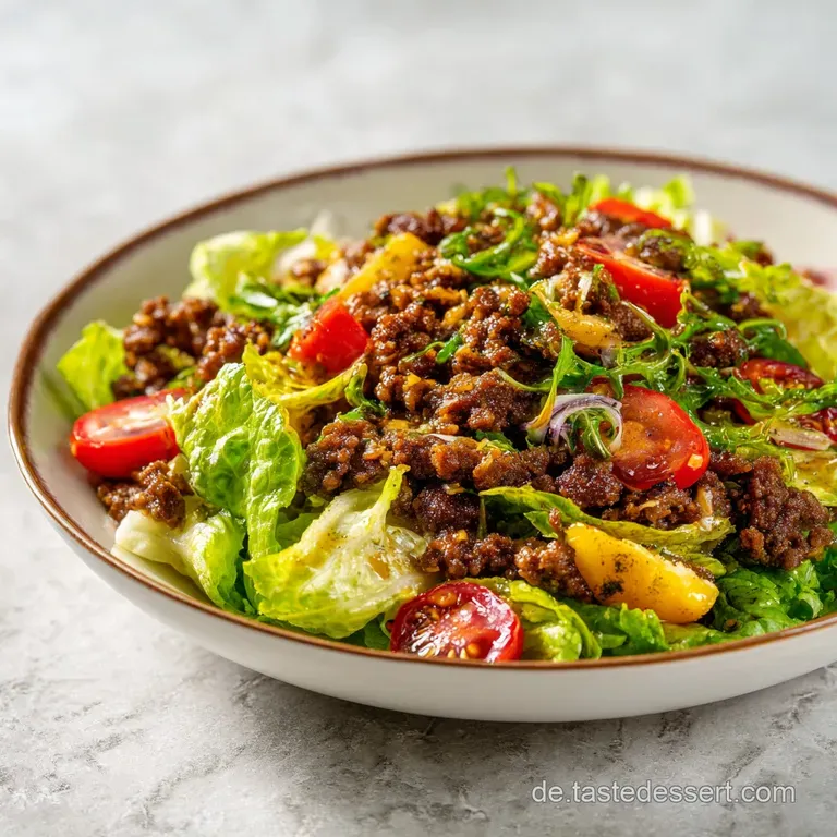 Big Mac salad artfully arranged in a bowl, showcasing layers of crisp lettuce, seasoned beef, and creamy dressing.