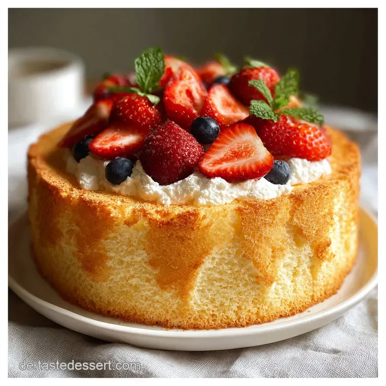 Slice of airy cake base. Lightly golden crumb topped with fluffy cream and colorful fresh berries. Invitation to take a bite.
