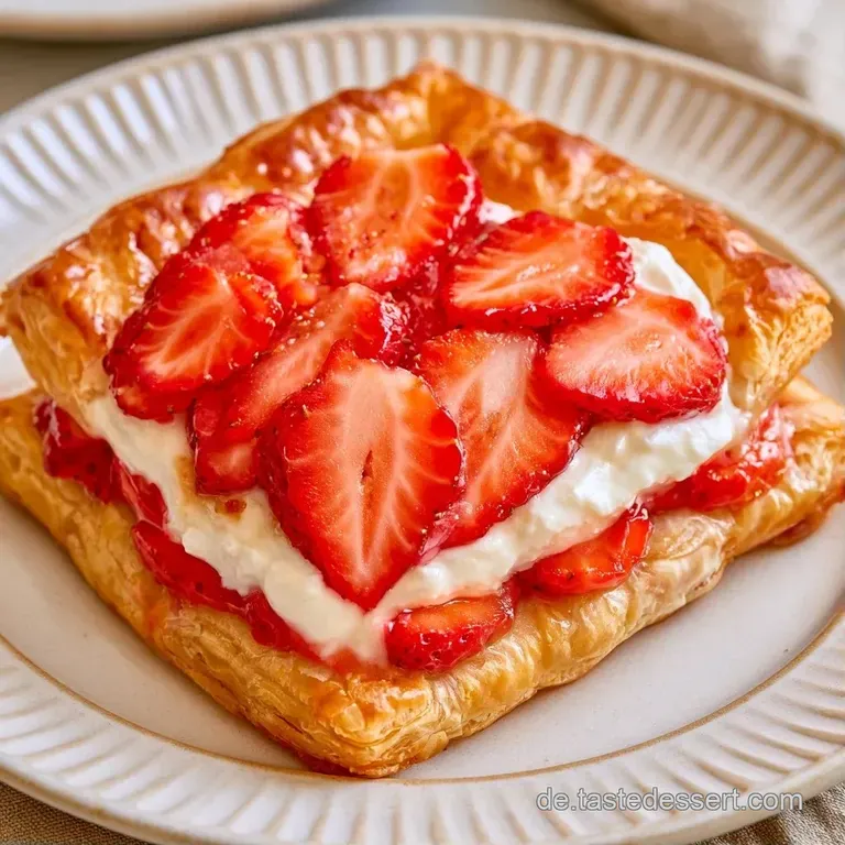 Mehrere goldgelbe Bl&auml;tterteig-Taler mit wei&szlig;er Quarkcreme und frischen Erdbeeren auf einer eleganten Porzellanplatte.