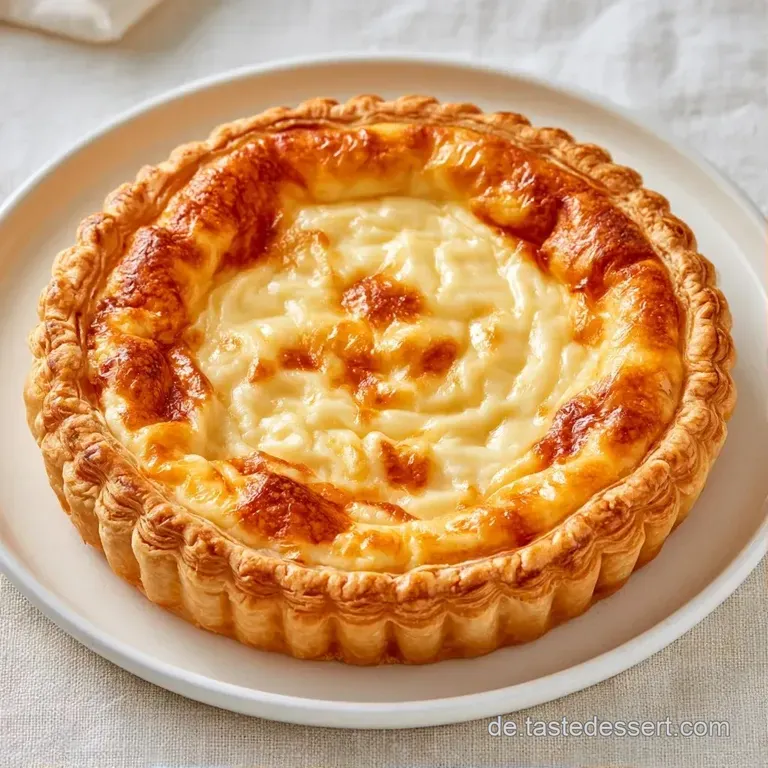 Eine goldgelbe Tarte auf einer wei&szlig;en Keramikplatte, garniert mit frischen gr&uuml;nen Kr&auml;utern und gl&auml;nzenden Oliven&ouml;l-Tropfen.