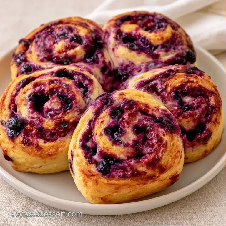 Mehrere fluffige, hellen Quarkgeb&auml;cke mit violetten Blaubeeren, ansprechend auf einem wei&szlig;en Porzellanteller angerichtet.