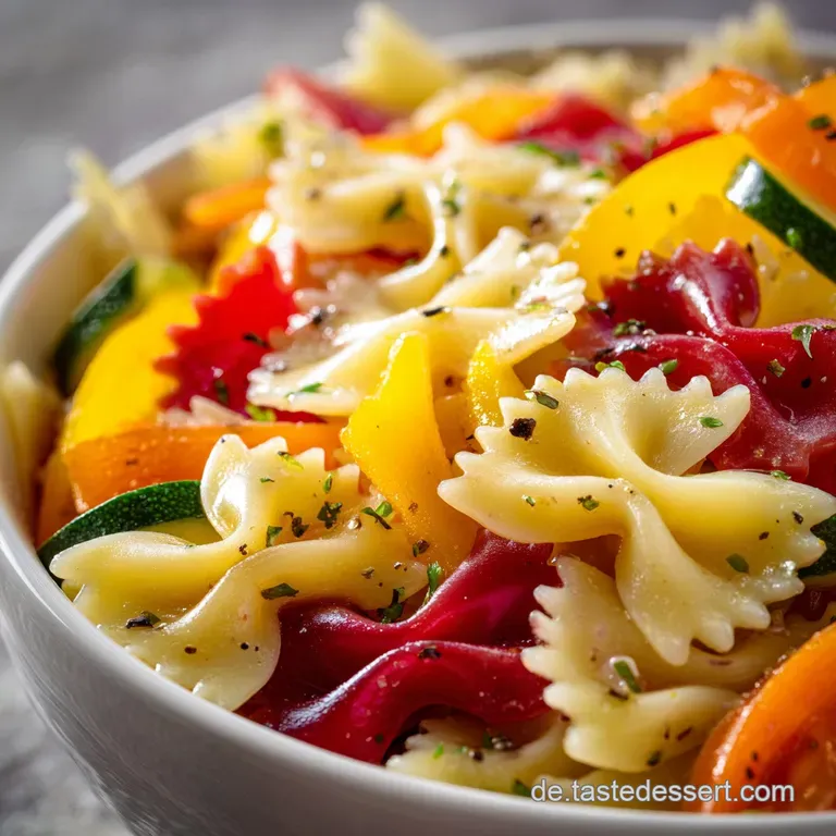 A bright and inviting serving of bow tie pasta salad, artfully arranged on a white plate, showcasing the fresh ingredients.
