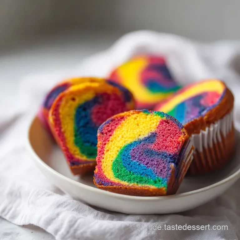 Regenbogenfarbene, weiche Muffins auf einer wei&szlig;en Keramikplatte, ansprechend arrangiert mit sanftem Lichteinfall.