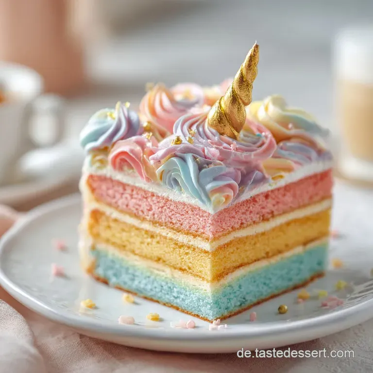 Pastellfarbene Sahnetupfer und ein glitzerndes Goldhorn auf einer wei&szlig;en Torte, serviert auf einem gl&auml;sernen St&auml;nder.