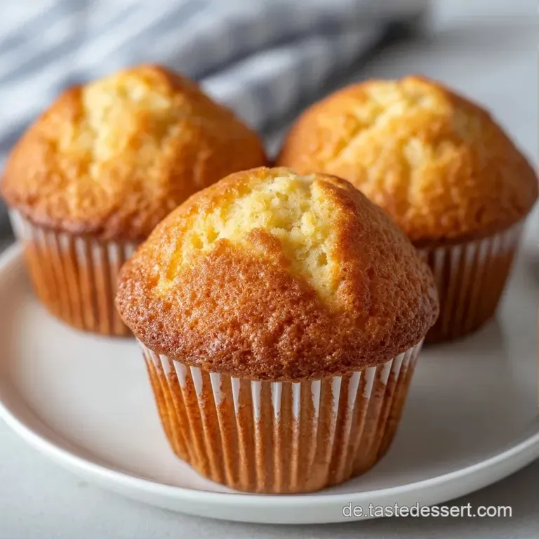 Drei weiche, goldgelbe Muffins auf einem wei&szlig;en Keramikteller, erg&auml;nzt durch eine Tasse dampfenden Kaffee daneben.