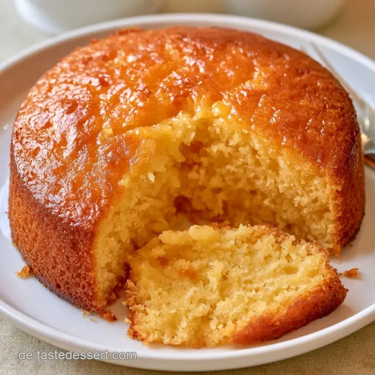 Goldgelbe Kuchenst&uuml;cke auf einem wei&szlig;en Porzellanteller, die lockere Krume und die gl&auml;nzende Oberseite im Licht.
