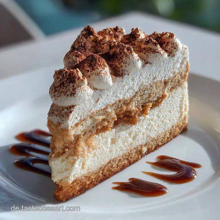 Slice of layered coffee cake on a plate. Creamy filling peeks between golden-brown layers. Coffee bean garnish and light d...