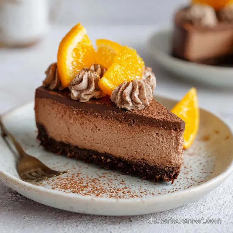 A slice of decadent chocolate orange cheesecake, garnished with fresh zest, sits beautifully plated on a clean white surface.