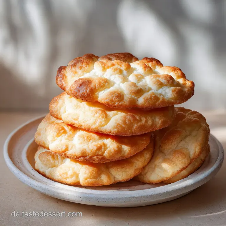 Neatly stacked cloud bread squares on a white plate. Light and airy texture, slightly golden crust, inviting presentation.