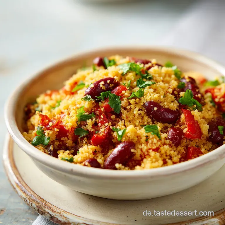 A stylish bowl showcasing fluffy couscous with plump red beans and juicy tomato chunks, garnished with fresh herbs.
