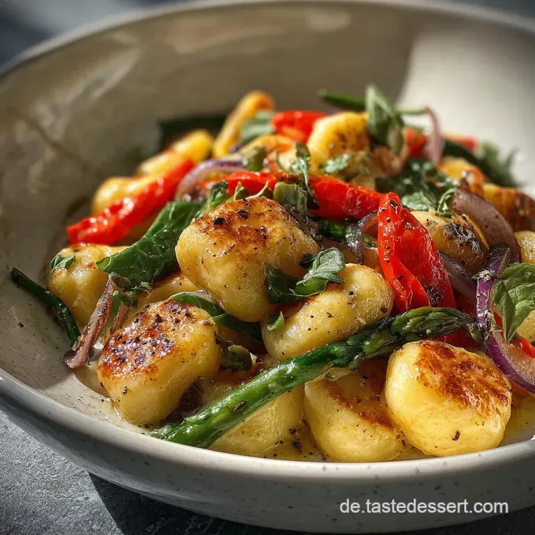Plated gnocchi: glistening, tender dumplings and colorful vegetables catch the light; a sprinkle of fresh herbs adds visua...