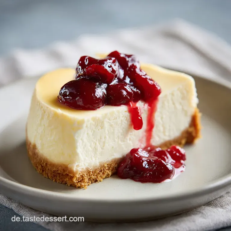 Slice of rich cheesecake on a white plate, the creamy filling contrasting with the crumbly crust. A fork rests beside it.