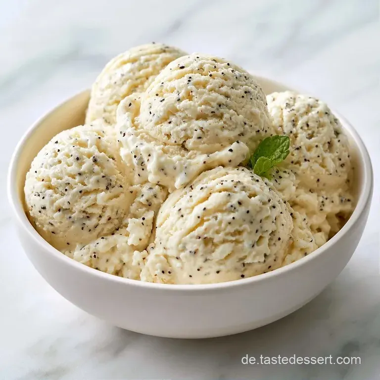Elegante Anrichtung von cremigem Vanilleeis auf einem Glasteller mit frischer Minze und goldbrauner Sauce daneben.