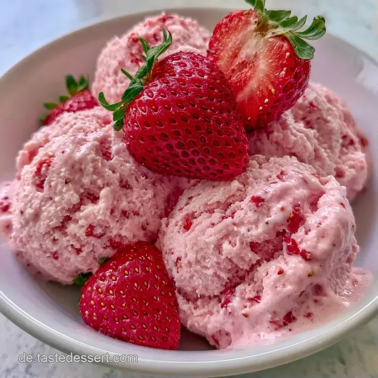 Sanft rosa Eiskugeln auf wei&szlig;em Porzellan, garniert mit geschlagener Sahne und leuchtend roten Erdbeerscheiben.