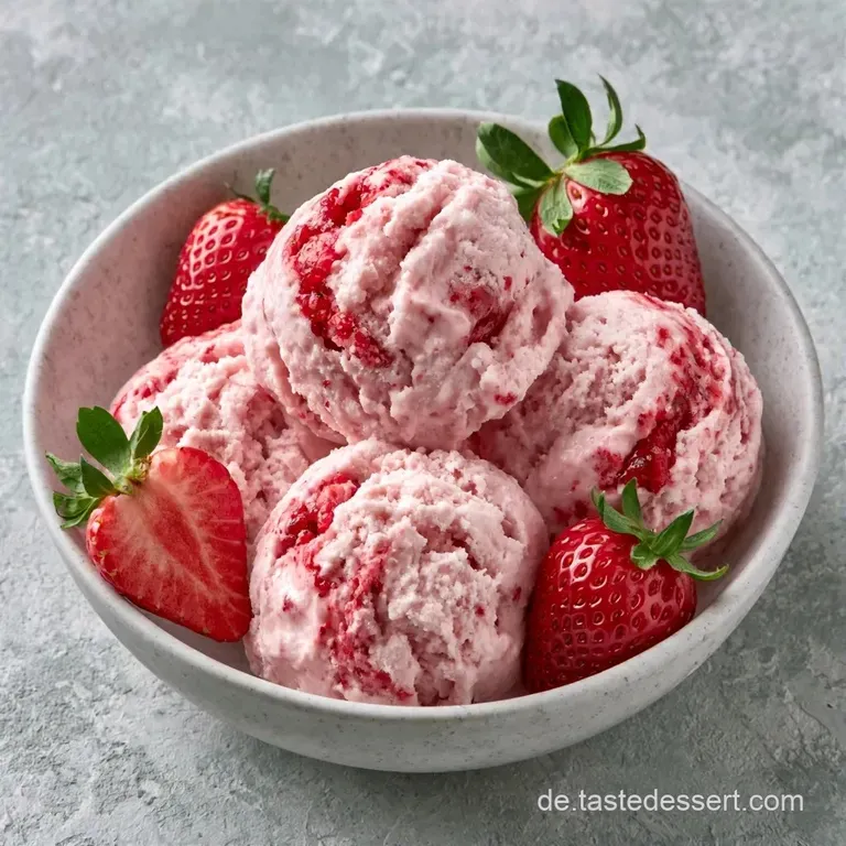 Elegante Glasschalen mit zartrosa Eiskugeln, flankiert von gl&auml;nzenden Beeren und Puderzucker auf hellem Marmor.