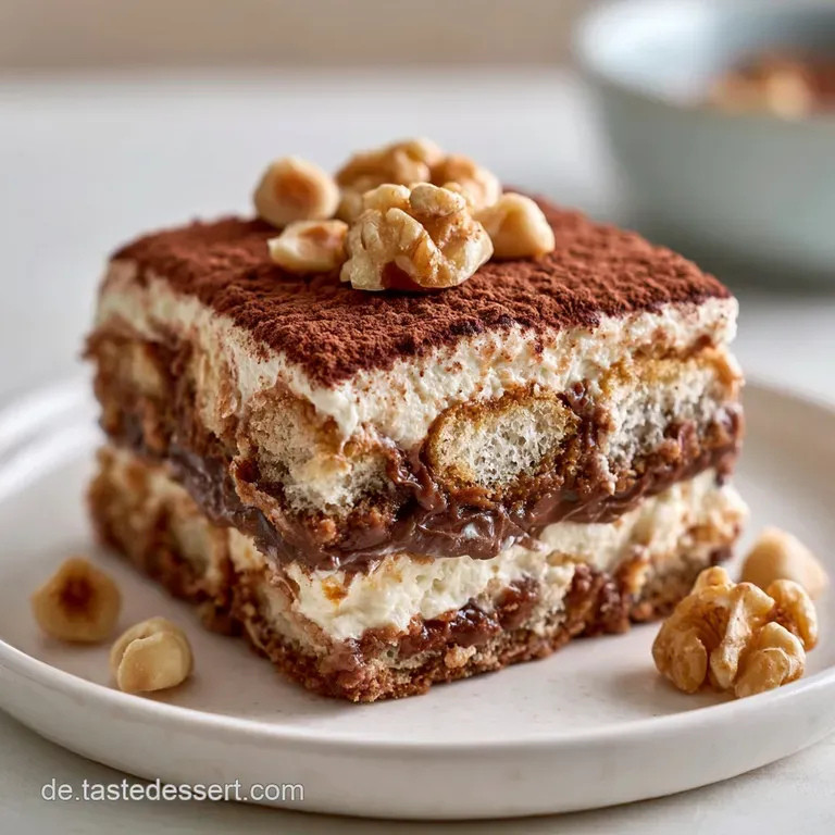 Elegante Glasform mit abwechselnden Schichten aus fluffiger Creme und dunklen Biscuits auf einem schlichten Holztisch.