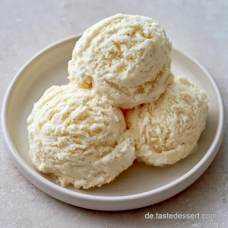 Eine Kugel glattes, elfenbeinfarbenes Eis auf einem Glasteller, garniert mit einer frischen Minzspitze und Beeren.