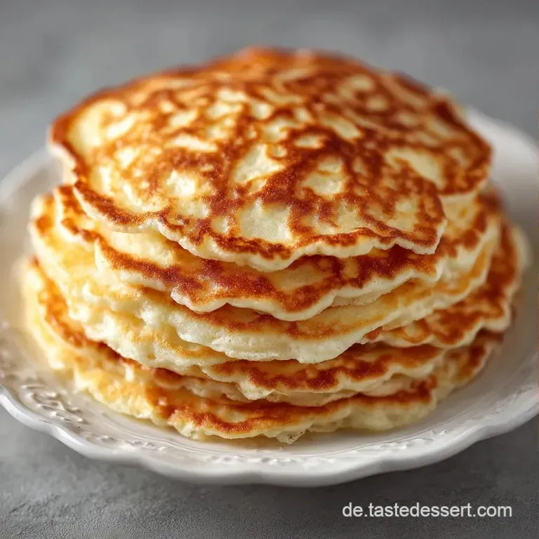 Ein Stapel goldgelber Pfannkuchen auf einer wei&szlig;en Platte, garniert mit frischen roten Beeren und gl&auml;nzendem Sirup.