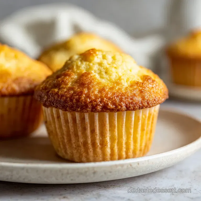 Three moist muffins on a white plate, dusted with powdered sugar, alongside a steaming mug. Warm, inviting breakfast scene.