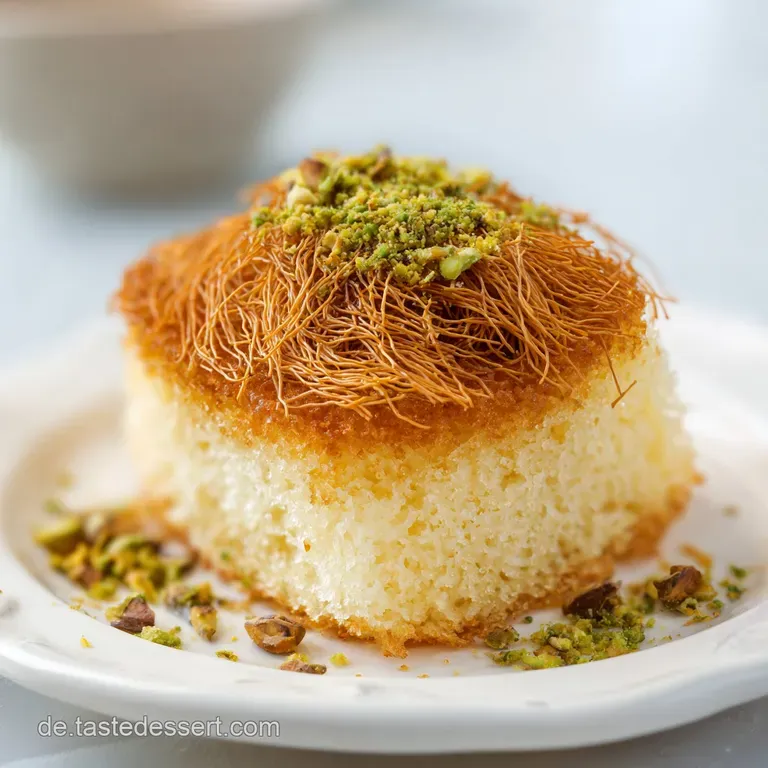 Ein Tortenst&uuml;ck auf wei&szlig;em Porzellan mit flie&szlig;ender gr&uuml;ner Creme, knusprigen F&auml;den und einem frischen Minzblatt daneben.