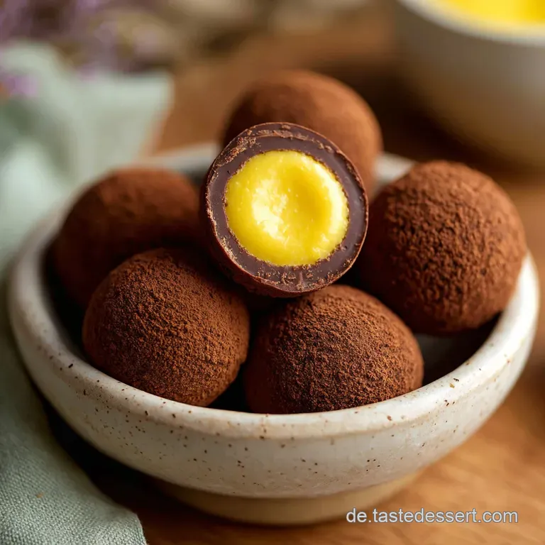 Elegant ceramic plate featuring golden coconut-covered truffles accented with a mint leaf and snowy flakes.