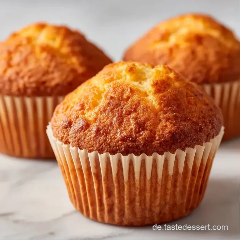 Mehrere goldgelbe Muffins auf einer wei&szlig;en Keramikplatte, garniert mit frischen Beeren und einem Leinentuch.