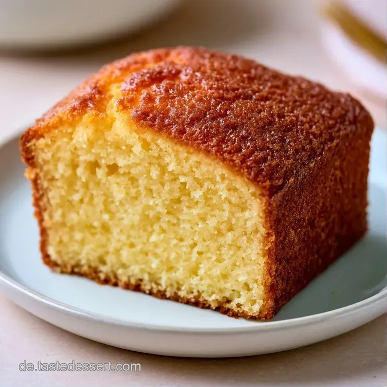 Ein luftiges St&uuml;ck goldgelber Kuchen auf einem schlichten wei&szlig;en Teller, serviert mit einer frischen Erdbeere.