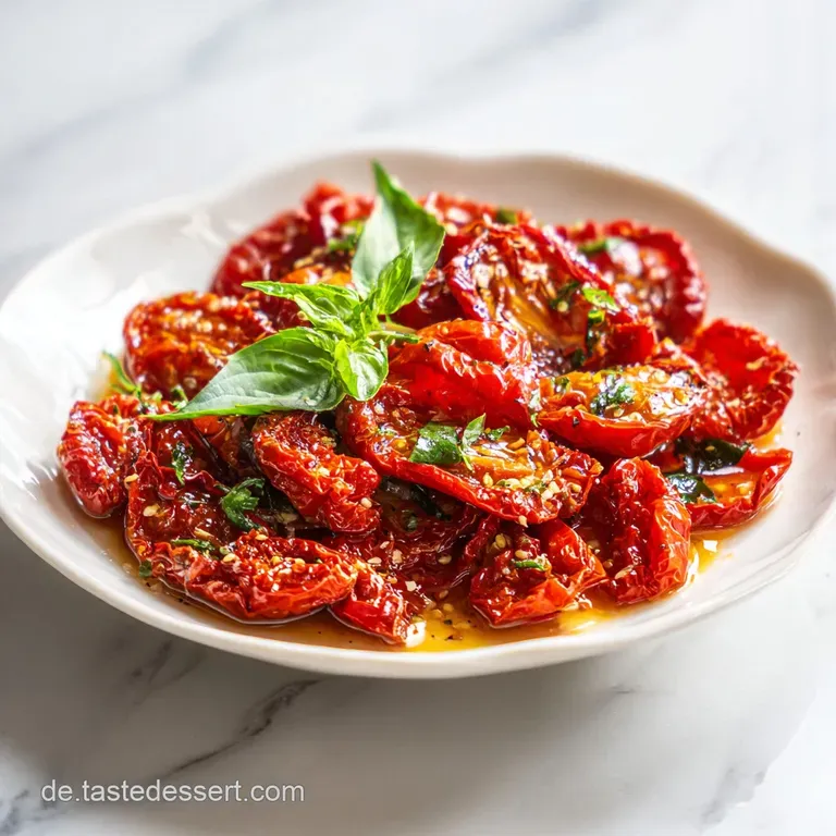 A rustic jar filled with jewel-toned, oil-marinated sun-dried tomatoes and fresh herbs, ready to serve.