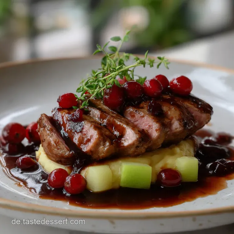 Elegant plate featuring sliced duck breast, glistening with rendered fat, alongside artfully arranged cranberry sauce and ...