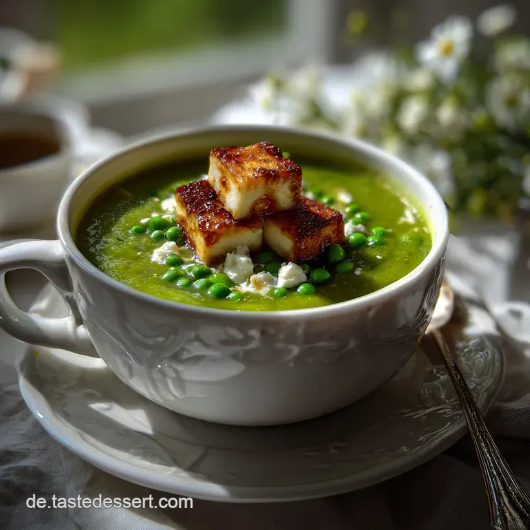 Smooth, vibrant green pea soup swirled in a white bowl, topped with crumbled golden feta, offering a delightful texture co...