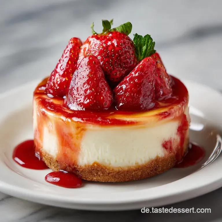 A slice of strawberry swirl cheesecake sits on a white plate, showing layers of creamy filling, berry swirl, and a crumbly...