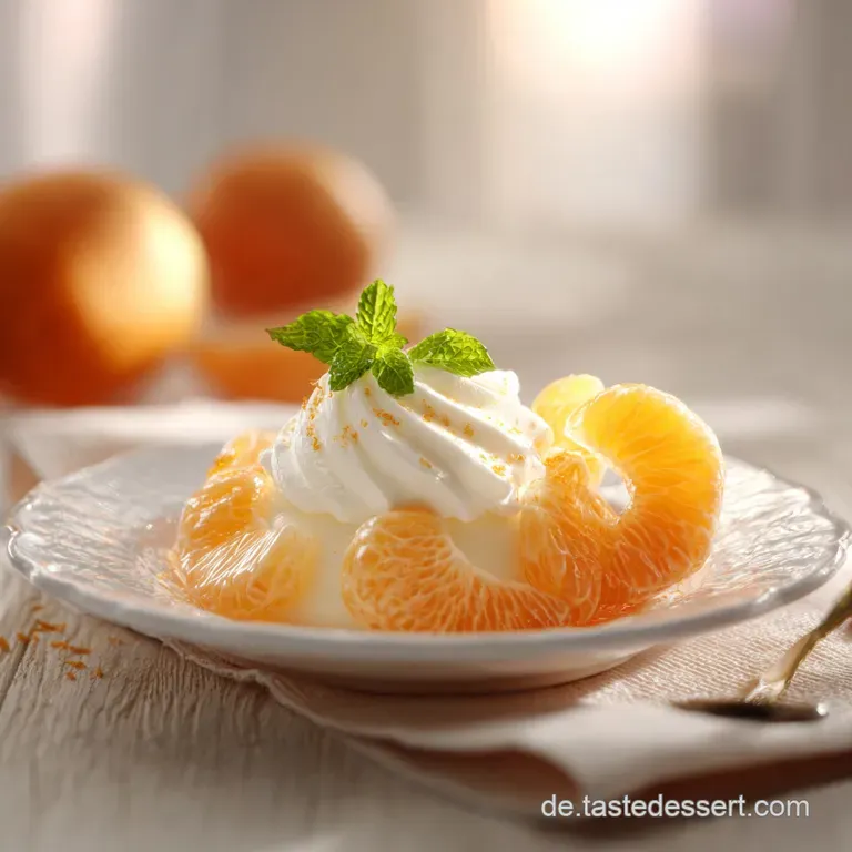 Elegant dessert: Layers of smooth orange cream and mascarpone, garnished with vibrant orange zest curls on a white plate.