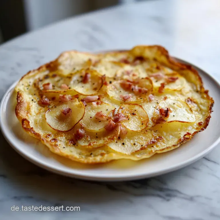 Delicate Flammkuchen slice on a wooden board, speckled with herbs. Warm tones and inviting texture for this flatbread dish.