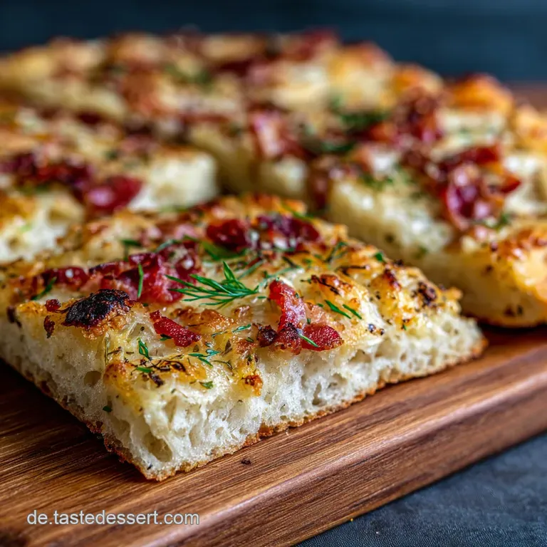 Elegant Flammkuchen slice plated with fresh greens. Aromatic steam rises off the crispy, thin crust.