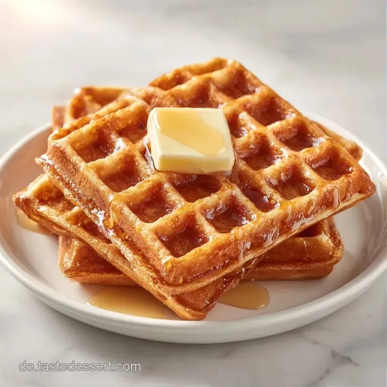 Ein Stapel luftiger Waffeln mit schmelzender Butter und gl&auml;nzendem Ahornsirup auf einer stilvollen Servierplatte.