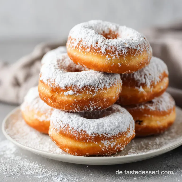 Fluffige, goldgelbe Donuts auf einer wei&szlig;en Keramikplatte, fein best&auml;ubt mit Puderzucker und frischen Beeren.