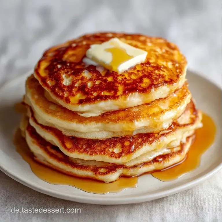 Stapel fluffiger, goldgelber Pfannkuchen auf wei&szlig;em Porzellan, garniert mit gl&auml;nzenden Beeren und s&uuml;&szlig;em Sirup.