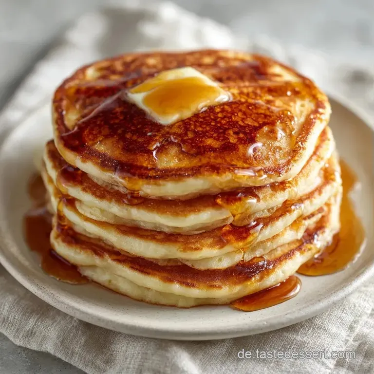 Goldgelbe Pfannkuchen auf einem wei&szlig;en Teller, best&auml;ubt mit Puderzucker und garniert mit frischen, roten Beeren.
