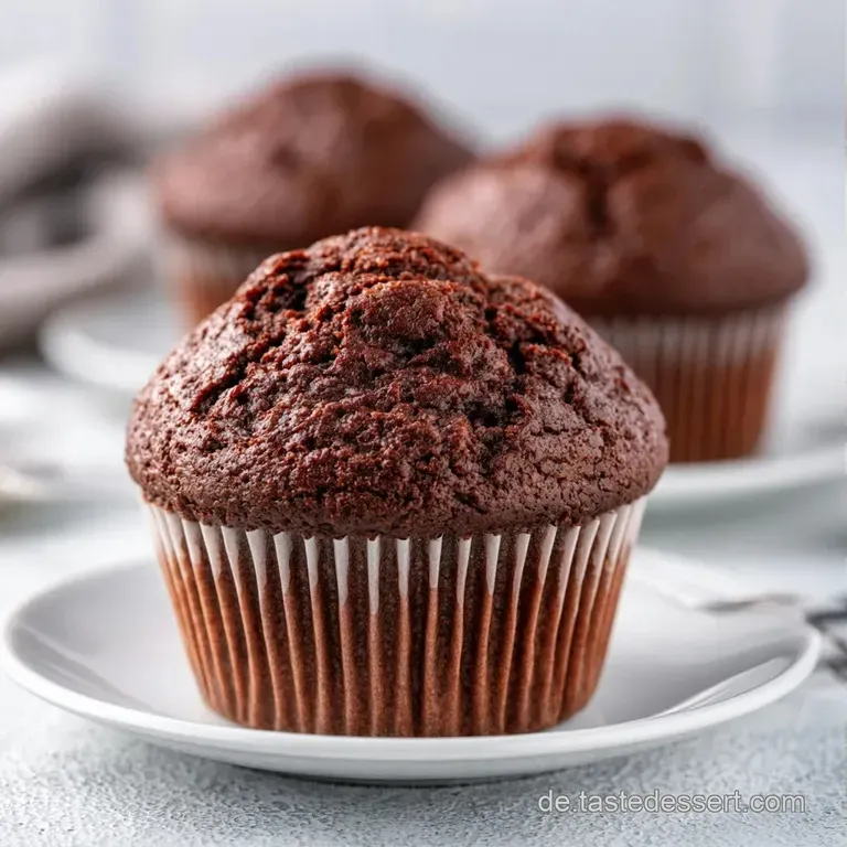 Drei fluffige, dunkle Muffins auf einem wei&szlig;en Porzellanteller, leicht best&auml;ubt mit feinem, wei&szlig;em Puderzucker.