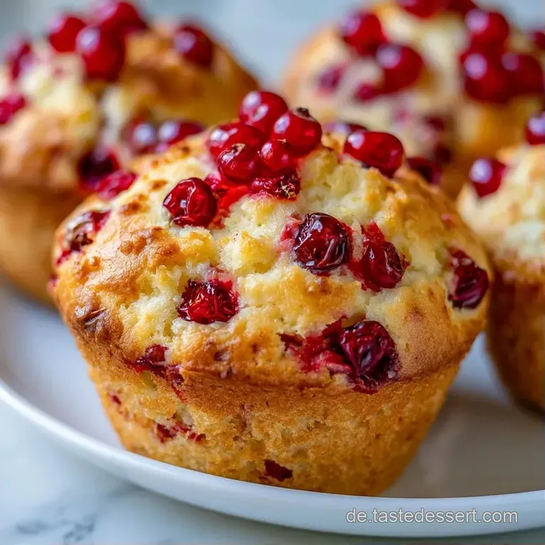 Drei goldgelbe Muffins auf wei&szlig;em Porzellan, best&auml;ubt mit feinem Puderzucker und garniert mit frischen roten Beeren.