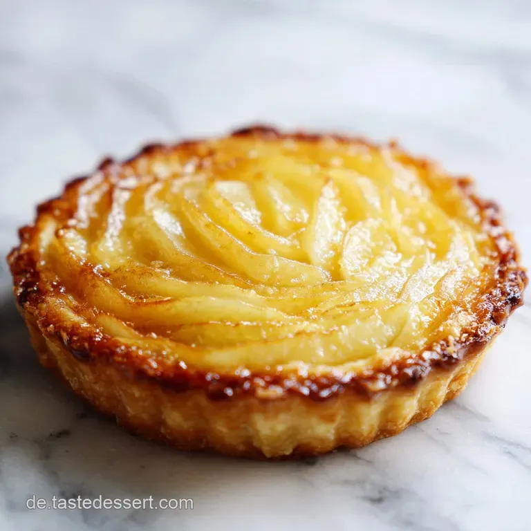 Elegant slice of French apple tart on a white plate, beside a fork and a dusting of cinnamon. Warm, inviting dessert prese...