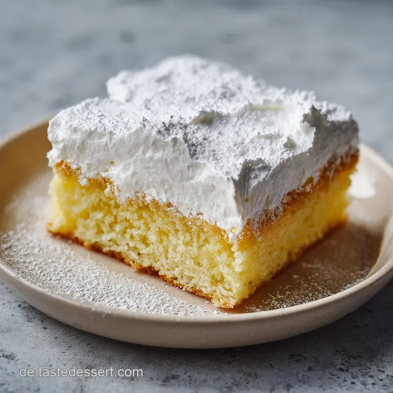 Ein St&uuml;ck luftiger wei&szlig;er Kuchen auf einem feinen Porzellanteller, best&auml;ubt mit Puderzucker und einem frischen Minzblatt.